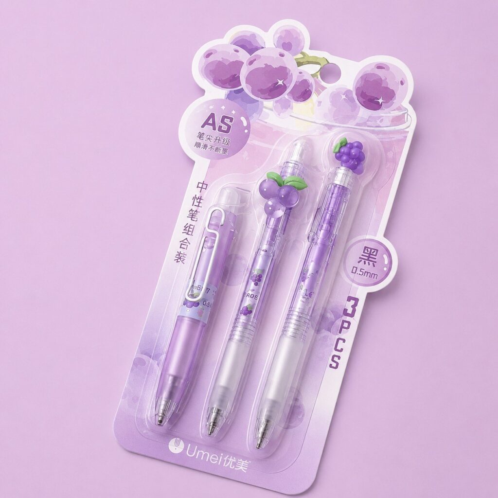 🍇💜 Set de 3 Lápices Uvas Kawaii 
