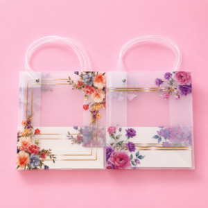 Bolsa de Regalo Transparente Floral con Detalles Dorados Mediana