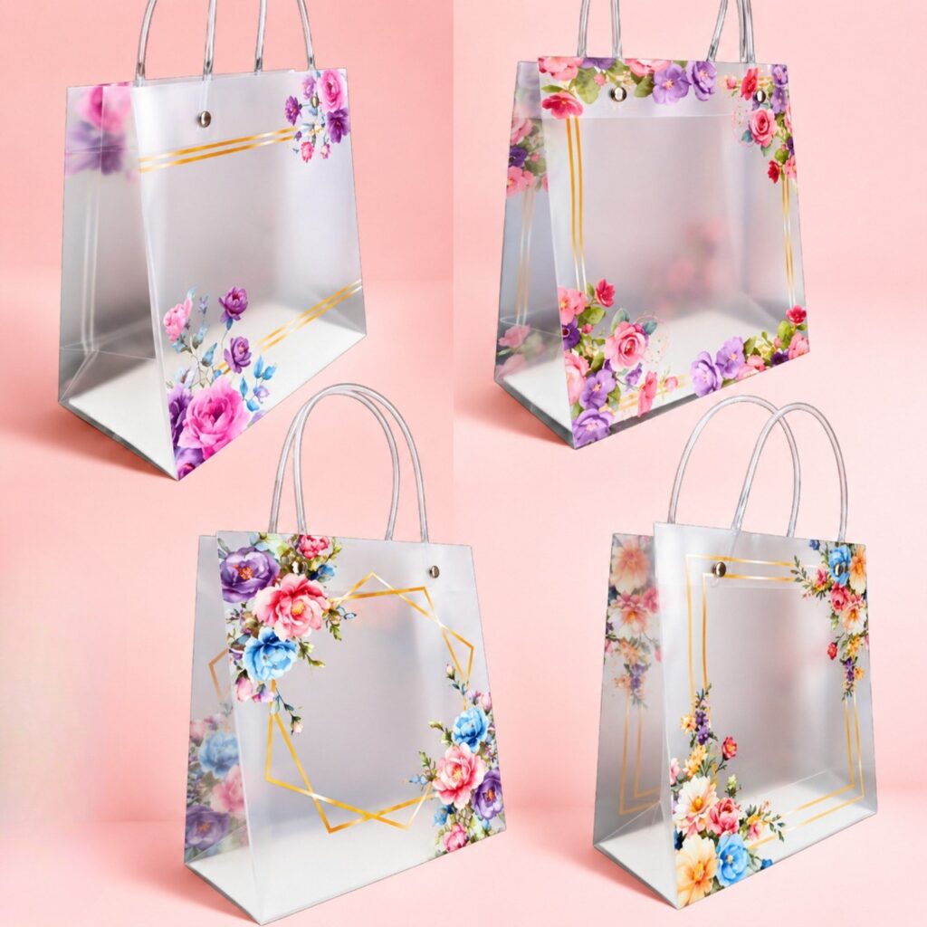 Bolsa de Regalo Transparente Floral con Detalles Dorados Mediana